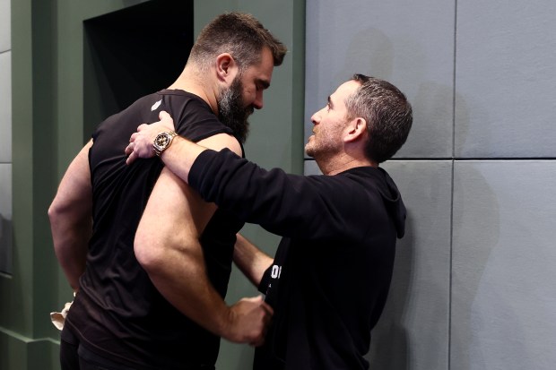 PHILADELPHIA, PENNSYLVANIA - MARCH 04: Howie Roseman, executive vice president of the Philadelphia Eagles, and Jason Kelce shake hands following Kelce's retirement annoucement from the NFL at NovaCare Complex on March 04, 2024 in Philadelphia, Pennsylvania. (Photo by Tim Nwachukwu/Getty Images) ** OUTS - ELSENT, FPG, CM - OUTS * NM, PH, VA if sourced by CT, LA or MoD **