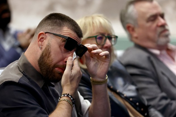 PHILADELPHIA, PENNSYLVANIA - MARCH 04: Travis Kelce #87 of the Kansas City Chiefs reacts during his brother, Jason's, retirement from the NFL at NovaCare Complex on March 04, 2024 in Philadelphia, Pennsylvania. (Photo by Tim Nwachukwu/Getty Images) ** OUTS - ELSENT, FPG, CM - OUTS * NM, PH, VA if sourced by CT, LA or MoD **