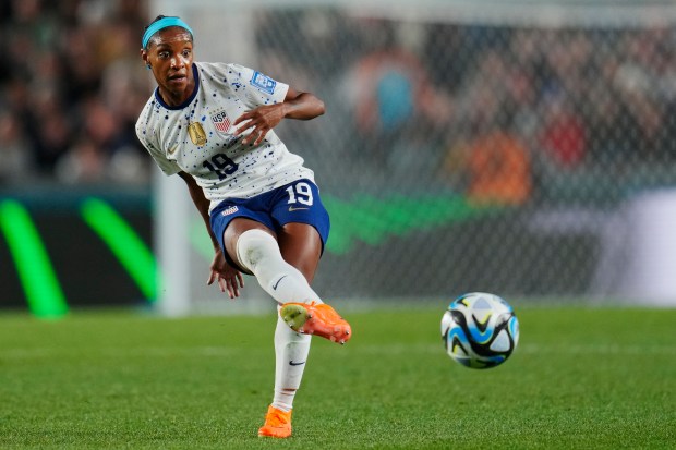 United States' Crystal Dunn passes during the first half of the FIFA Women's World Cup Group E soccer match between Portugal and the United States at Eden Park in Auckland, New Zealand, on Aug. 1, 2023. (AP Photo/Abbie Parr)