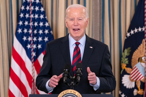 President Joe Biden speaks during a meeting with his Competition Council in the State Dining Room of the White House on March 5, 2024 in Washington, DC. (Photo by Nathan Howard/Getty Images)