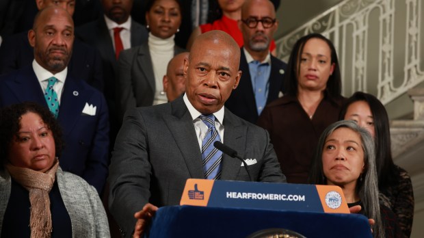 Mayor Eric Adams is pictured during press conference at City Hall Rotunda Monday March 4, 2024. During the press conference the Mayor announced new financing mechanisms to help small contractors financing new housing construction in New York City. NYC Housing Commissioner Adolfo Carrión also attended the press conference.(Luiz C. Ribeiro for NY Daily News)