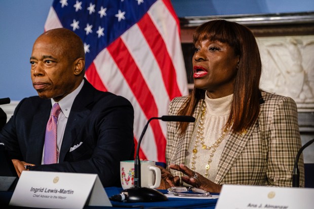 Chief Advisor Ingrid Lewis-Martin speaks during a news conference in the Blue Room at City Hall, Tuesday, Dec. 12, 2023. (Jeff Bachner/New York Daily News)