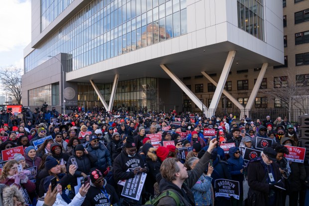 New York State Senator Zellnor Myrie, along with Al Sharpton and other Officials, held a Rally to protest the planned closure of SUNY Downstate University Hospital at 450 Clarkson Avenue in Brooklyn on Thursday Feb. 29, 2024. (Theodore Parisienne for New York Daily News)